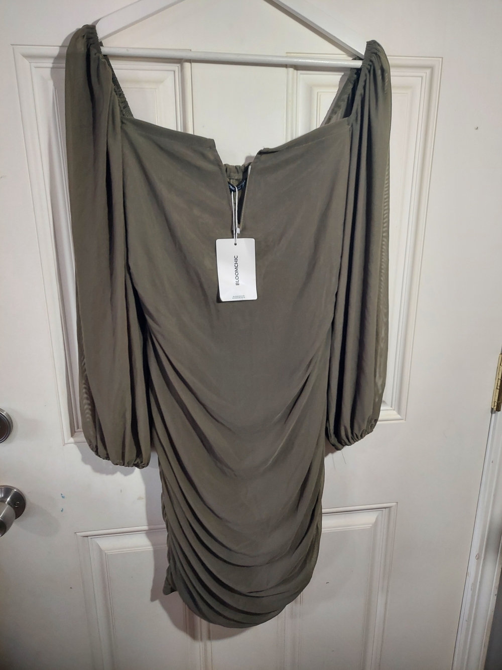 BloomChic Olive Off-Shoulder Ruched Mini Dress